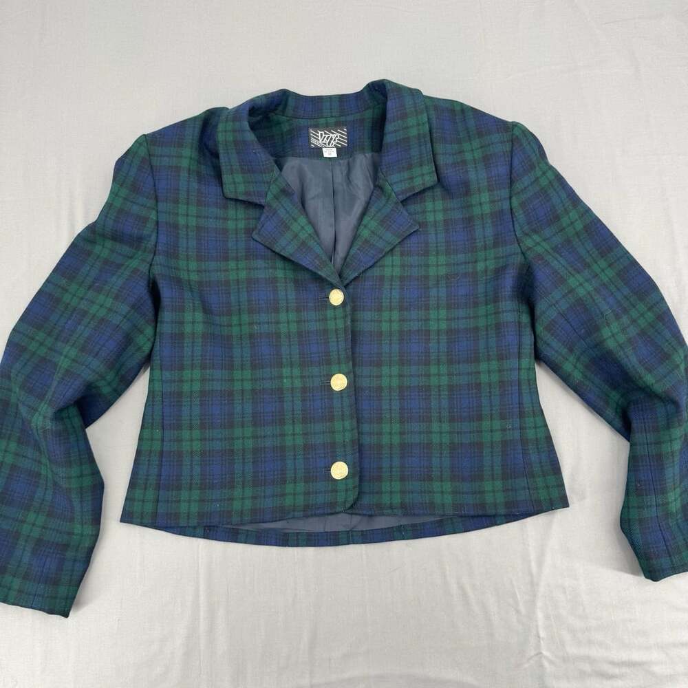 Vintage VGR Black Watch Tartan 100% Wool Blazer Womens 12 USA Gold Crest Buttons